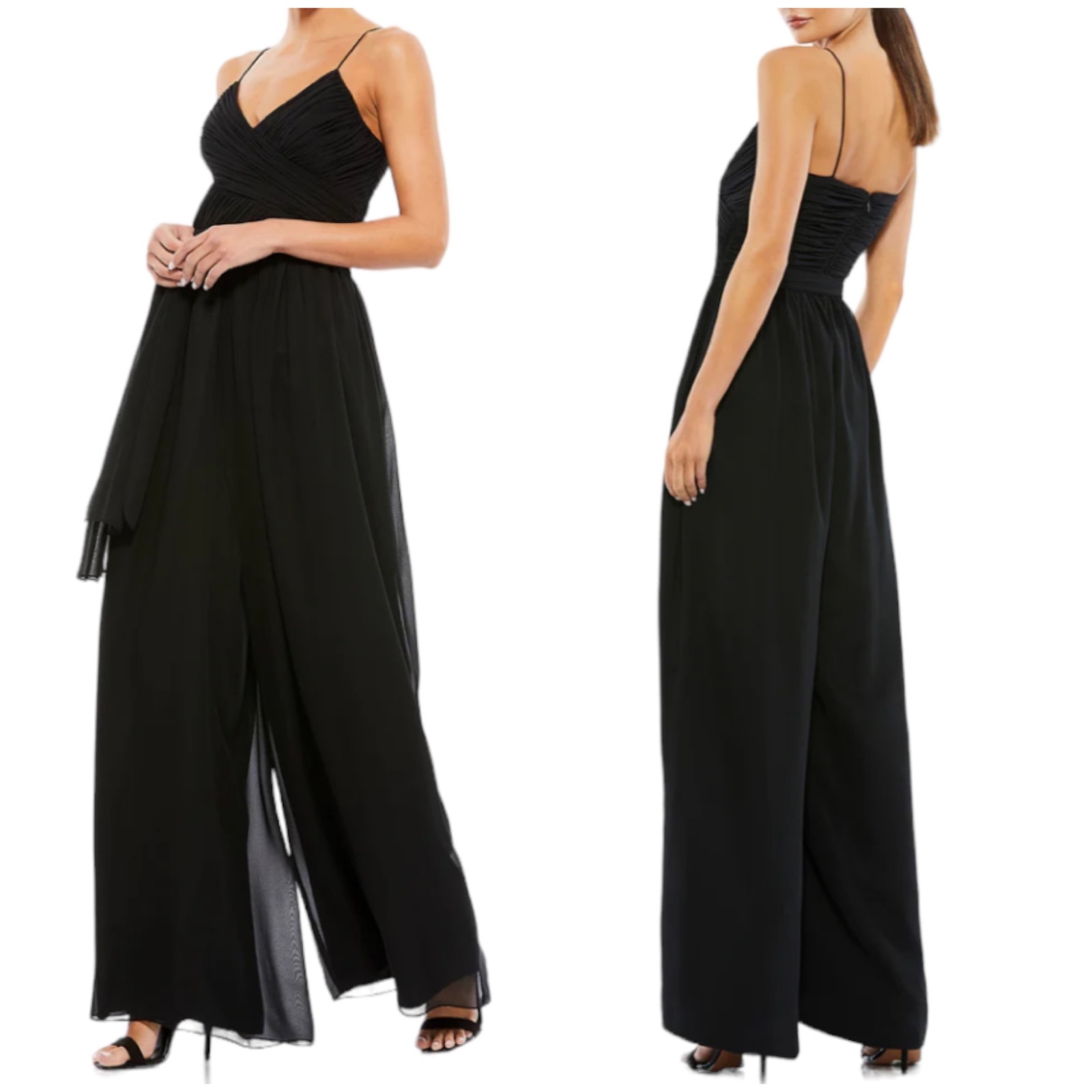 Mac Duggal Nwt Flowy Faux Wrap Jumpsuit Size Xs Black Chiffon Pleated V-Neck